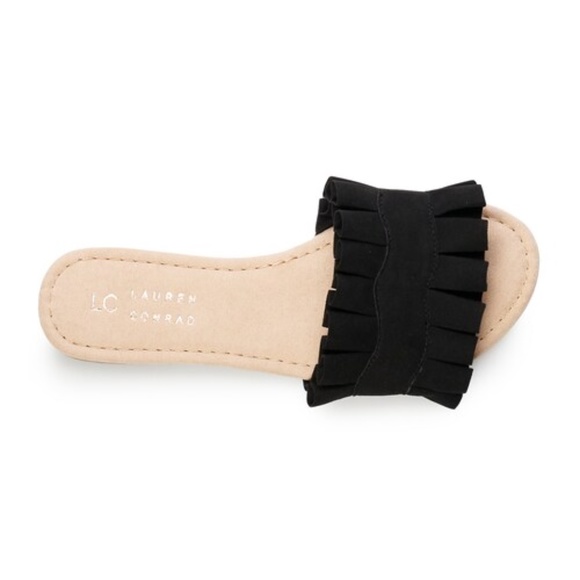 LC LAUREN CONRAD Sandals Slides Ruffle Bohemian Summer Black Sizes S L - Picture 4 of 6